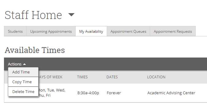 Add Availability Menu